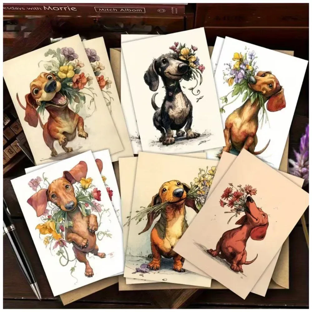 NWT Dachshund Puppy Flower Bouquet Greeting Cards Set 12 Pk 3.5x5 Envelopes Cute